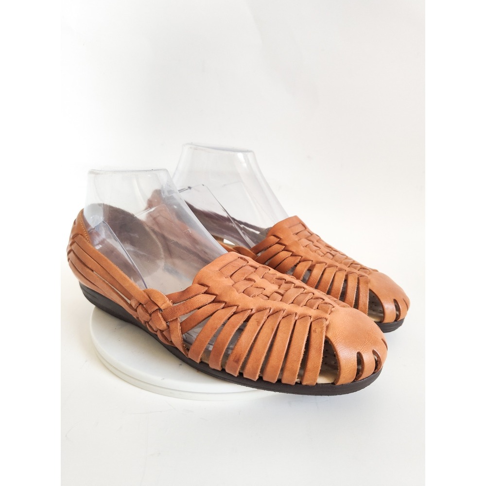 Softspots Huarache Sandals 9 Flats Tan Woven Leather Boho Classic Closed Toe